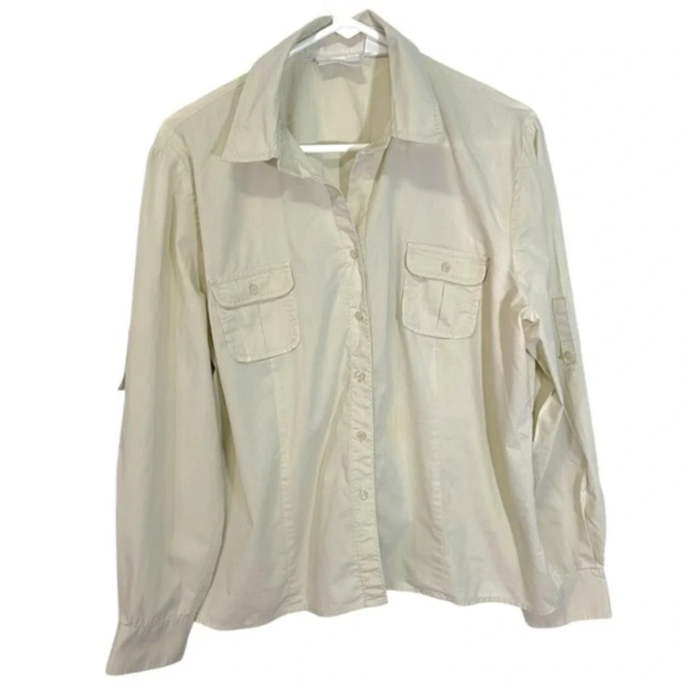 Worthington 14‎ Beige Button Down Shirt Roll Tab Utility Safari Minimalist